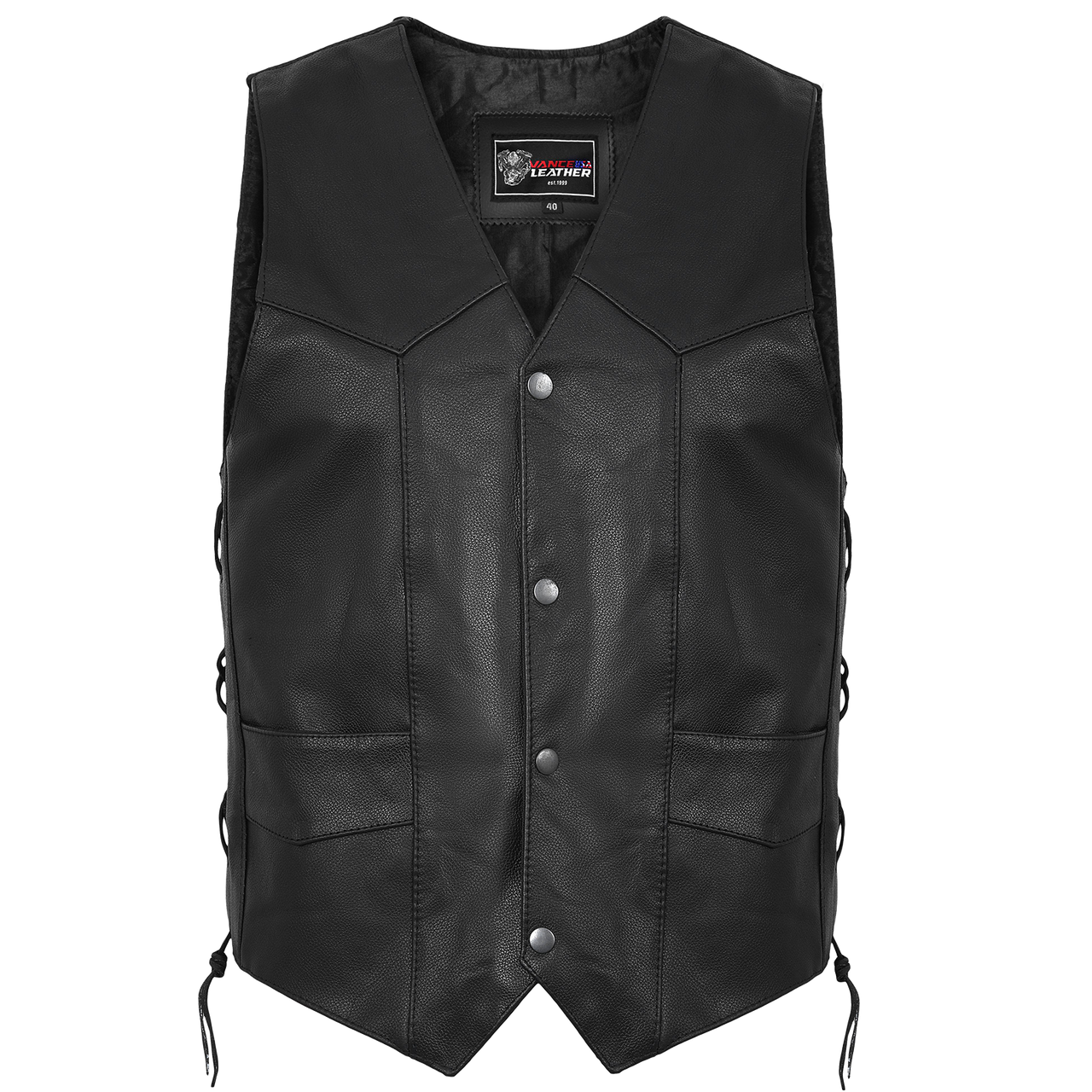 Vance VL922S Men's Black Side Laces Leather Biker Motorcycle Vest - front