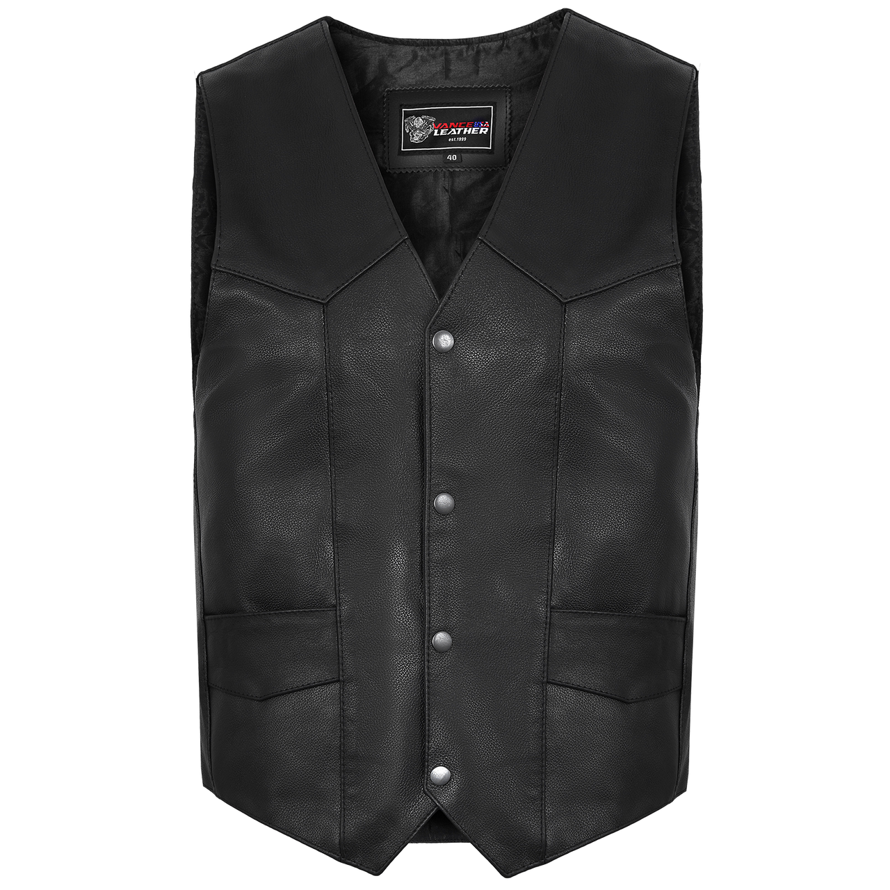 Vance VL921 Men's Black Premium Cowhide Biker Leather Motorcycle Vest - front-view