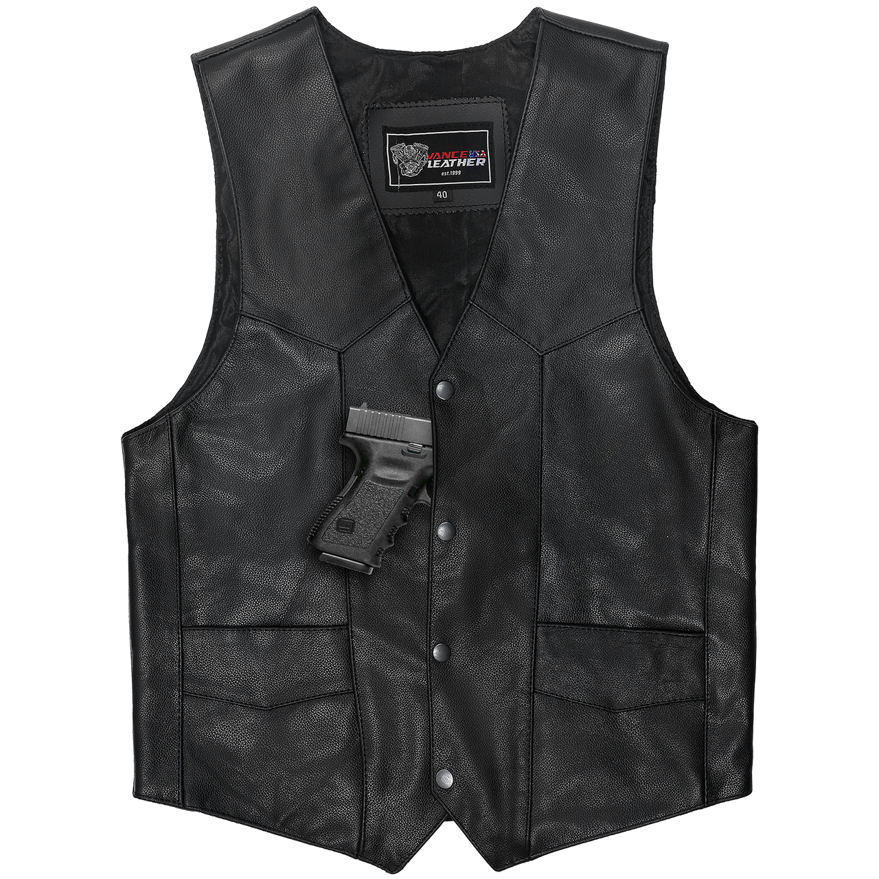 Vance VL921 Men's Black Premium Cowhide Biker Leather Motorcycle Vest - detail