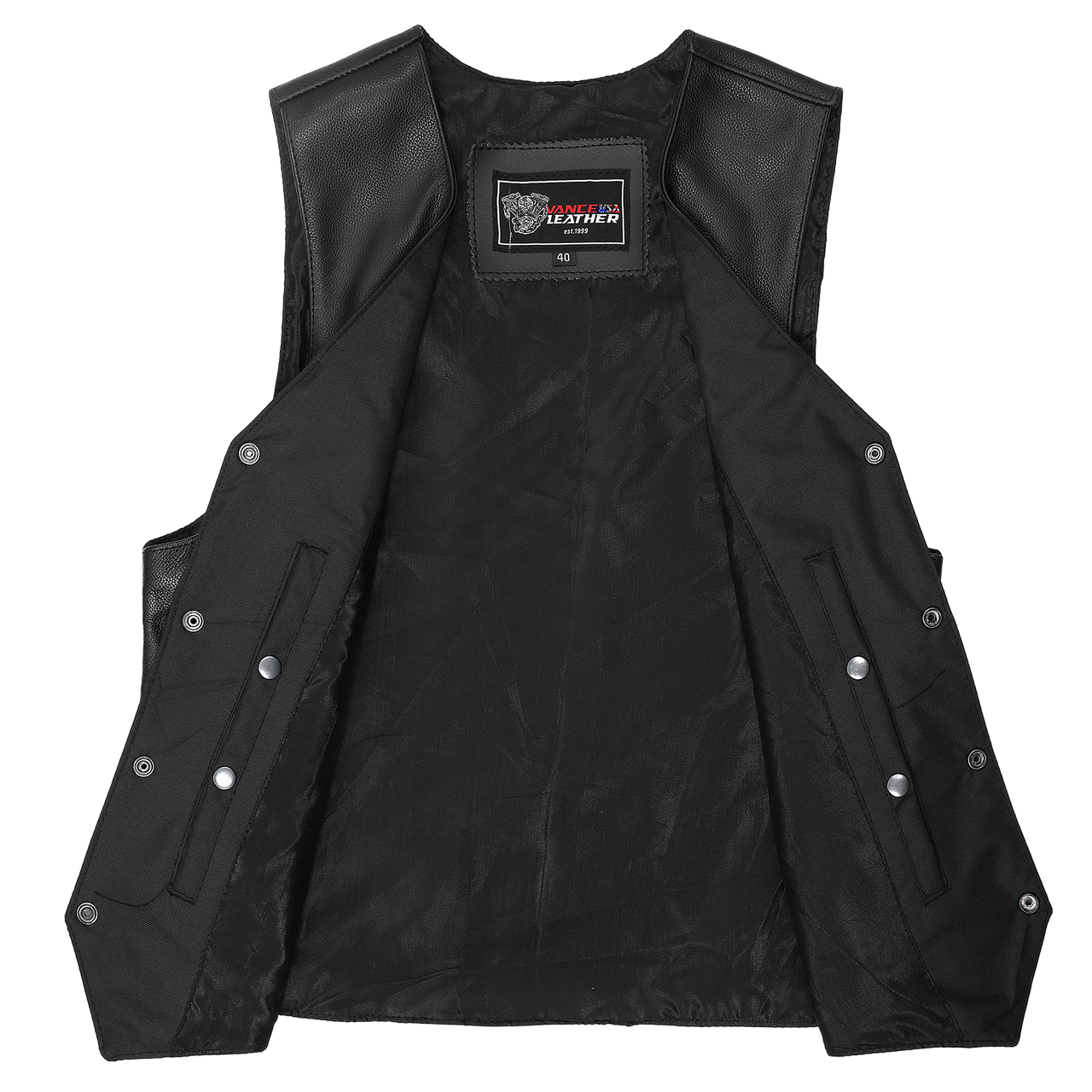 Vance VL921 Men's Black Premium Cowhide Biker Leather Motorcycle Vest - inner-view