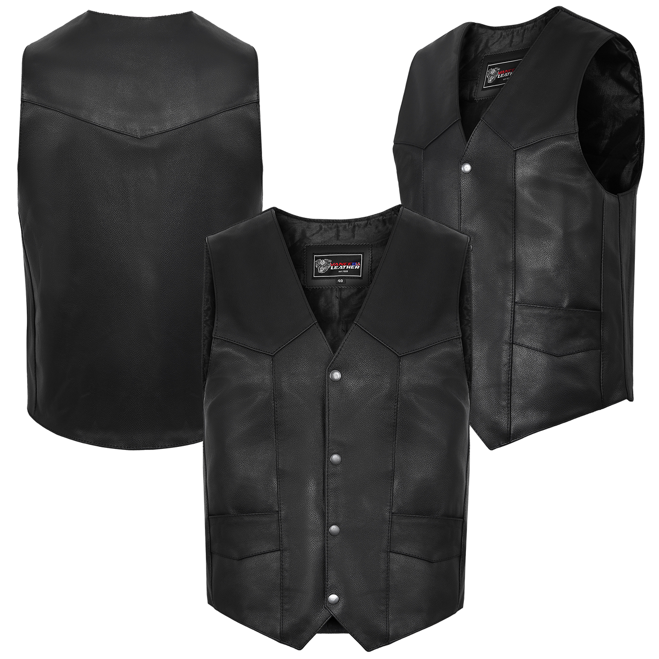 Vance VL921 Men's Black Premium Cowhide Biker Leather Motorcycle Vest