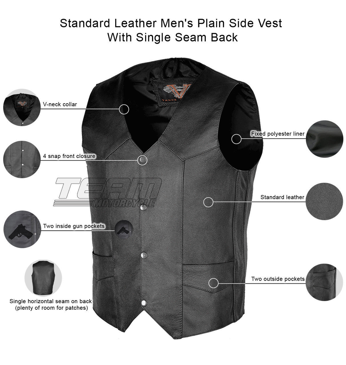 Vance VL921 Men's Black Premium Cowhide Biker Leather Motorcycle Vest - Infographics