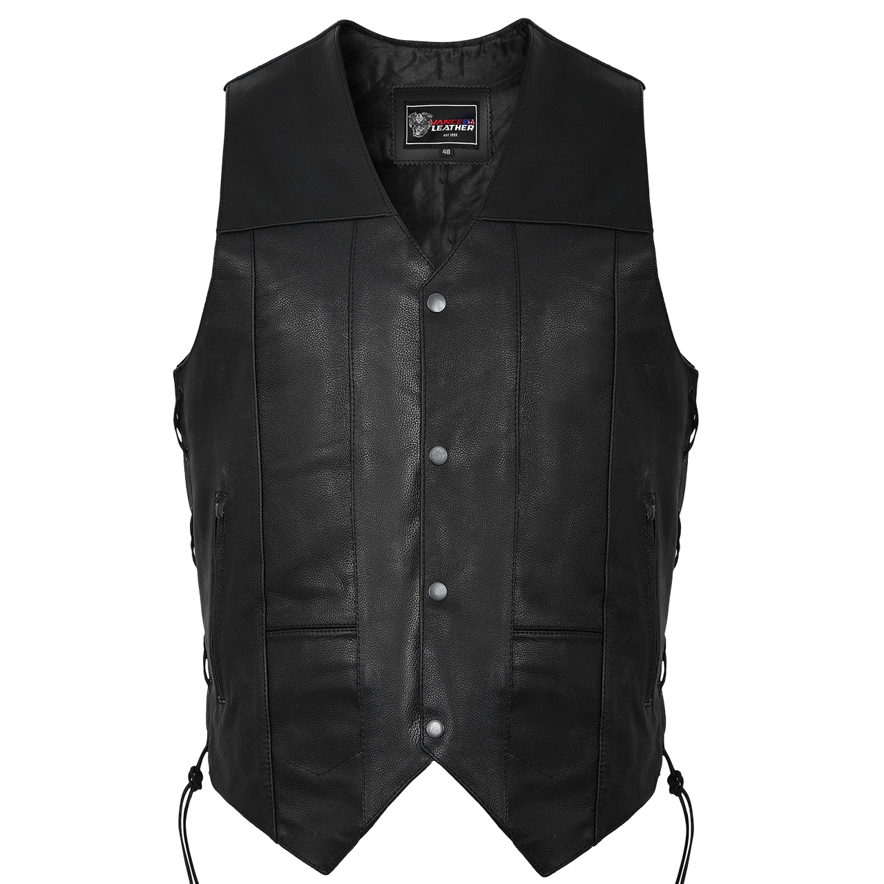 Vance VL915 Men's Black Premium Cowhide Ten Pocket Leather Vest - front