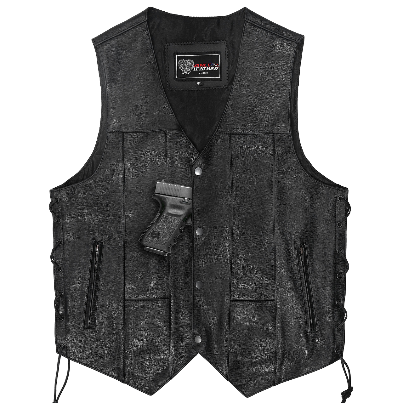 Vance VL915 Men's Black Premium Cowhide Ten Pocket Leather Vest - front View