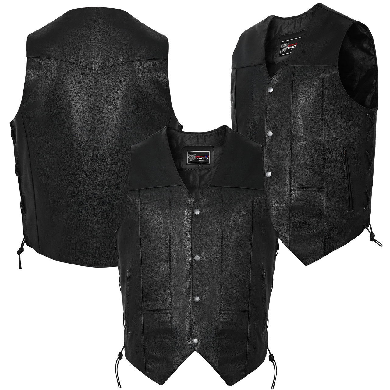 Vance VL915 Men's Black Premium Cowhide Ten Pocket Leather Vest - detail