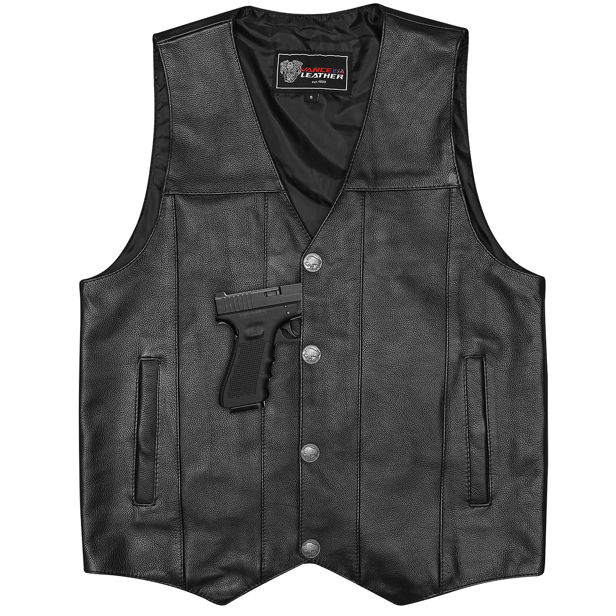 Vance VL906 Mens Black Premium Cowhide Leather Buffalo Nickel Biker Motorcycle Vest - flat