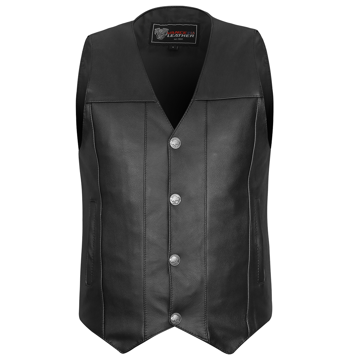 Vance VL906 Mens Black Premium Cowhide Leather Buffalo Nickel Biker Motorcycle Vest - front