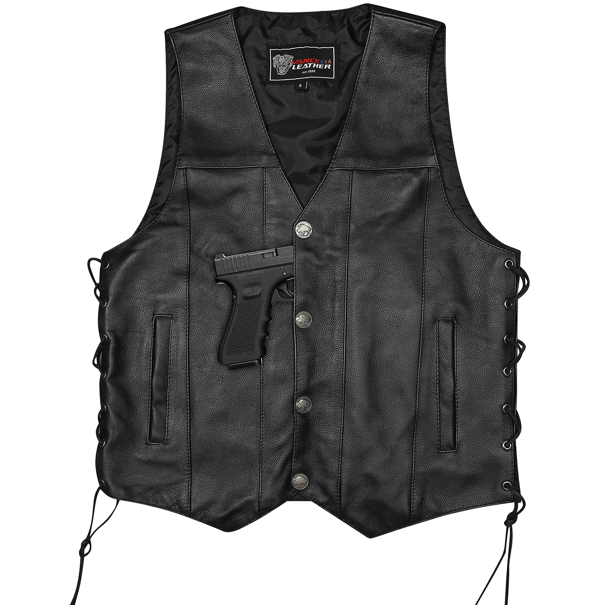 Vance VL907 Mens Black Premium Cowhide Leather Biker Motorcycle Vest with Buffalo Nickel Snaps and Conceal Carry Pocket - Flat