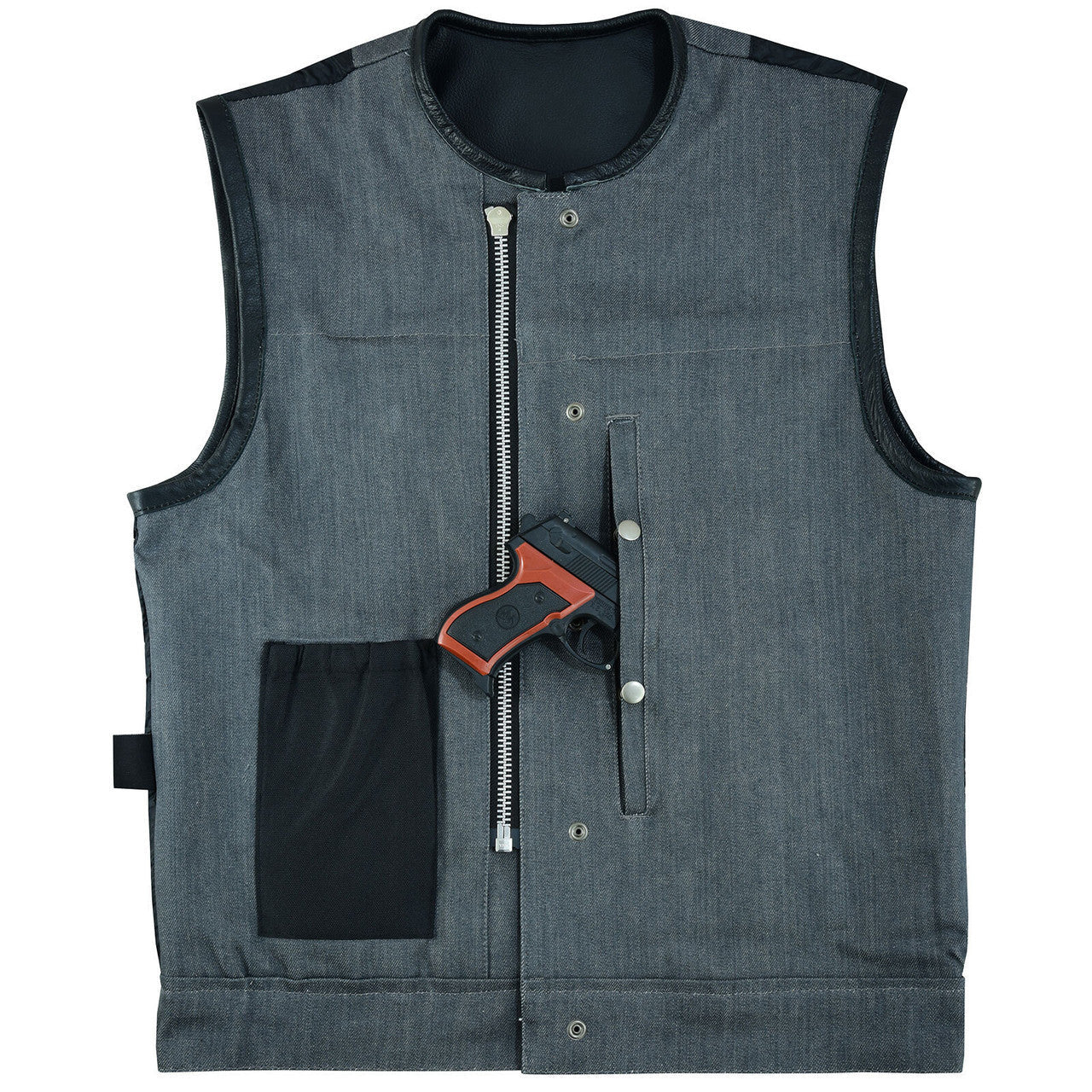 Vance-VB910G Mens-Grey-Denim-Leather-Motorcycle-Vest-CCW-Pockets-front-view-with-gun-packets-2