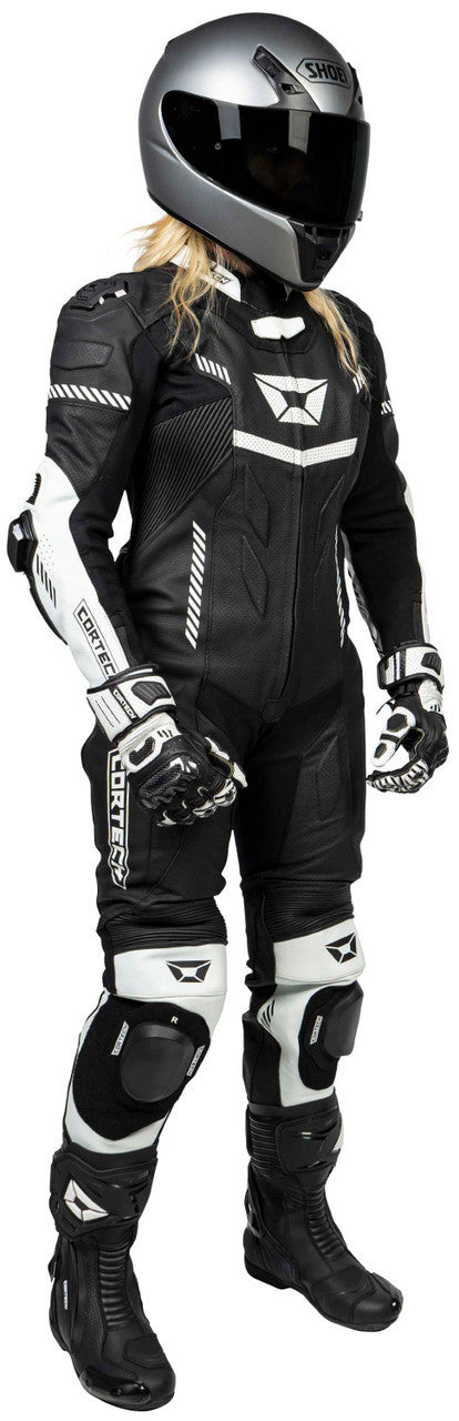 Cortech-Revo-Sport-Air-Womens-1-Piece-Motorcycle-Leather-Race-Suit-Black-White-Front-View