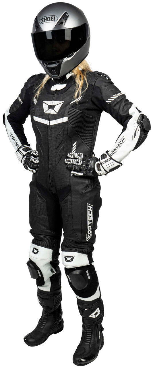 Cortech-Revo-Sport-Air-Womens-1-Piece-Motorcycle-Leather-Race-Suit-Black-White-Front-View-2