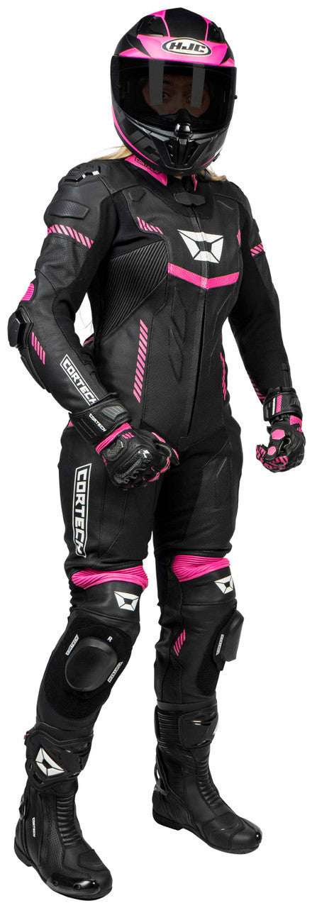 Cortech-Revo-Sport-Air-Womens-1-Piece-Motorcycle-Leather-Race-Suit-Black-Pink-Front-View