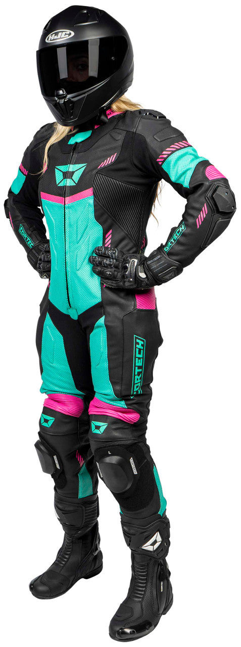 Cortech-Revo-Sport-Air-Womens-1-Piece-Motorcycle-Leather-Race-Suit-Black-Pink-left-side-view