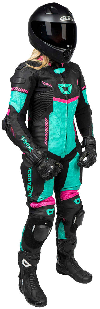 Cortech-Revo-Sport-Air-Womens-1-Piece-Motorcycle-Leather-Race-Suit-Black-Pink-right-side-view