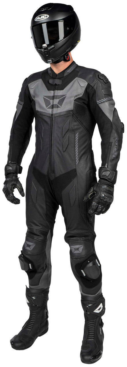 Cortech-Revo-Sport-Air-Mens-1-Piece-Motorcycle-Leather-Race-Suit-Black/Gun-Front-Angle-1