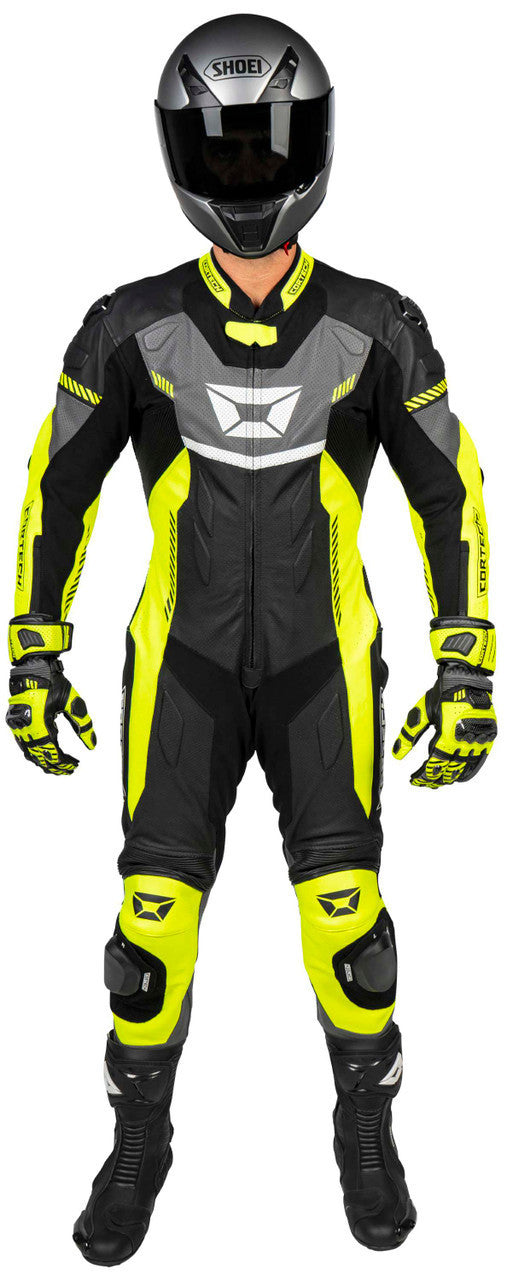 Cortech-Revo-Sport-Air-Mens-1-Piece-Motorcycle-Leather-Race-Suit-Hi-Viz/Gun-Main