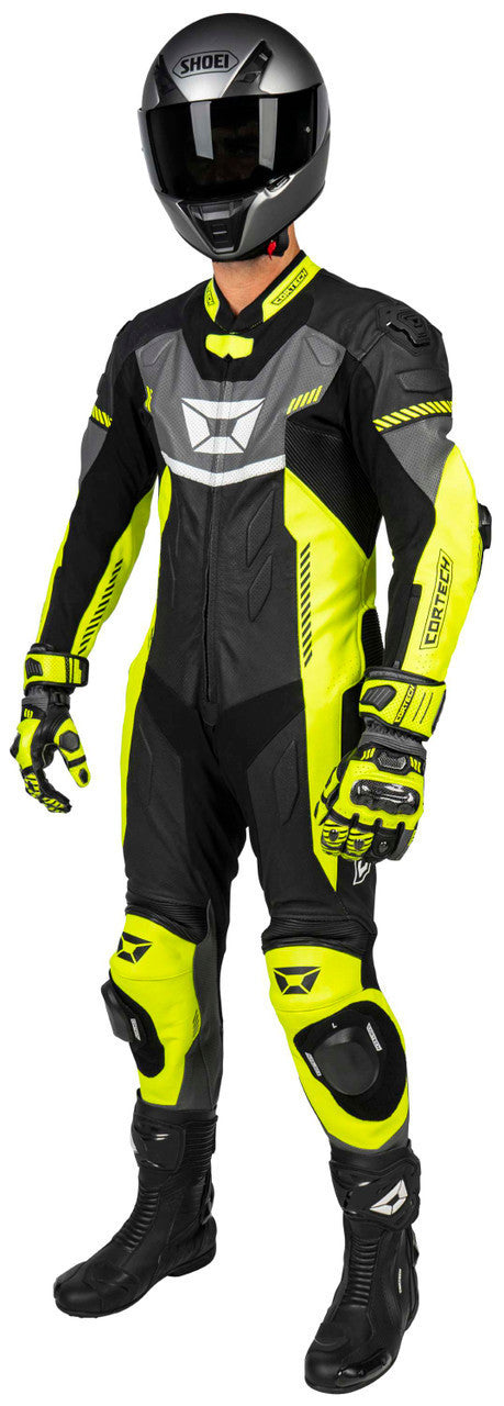 Cortech-Revo-Sport-Air-Mens-1-Piece-Motorcycle-Leather-Race-Suit-Hi-Viz/Gun-Front-angle-1