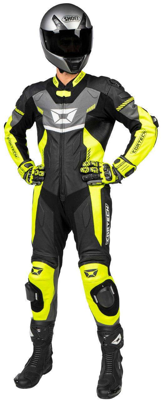 Cortech-Revo-Sport-Air-Mens-1-Piece-Motorcycle-Leather-Race-Suit-Hi-Viz/Gun-Front-angle-2