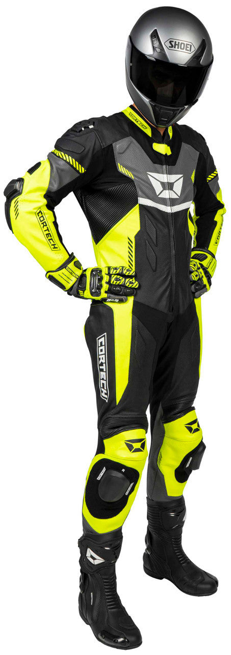 Cortech-Revo-Sport-Air-Mens-1-Piece-Motorcycle-Leather-Race-Suit-Hi-Viz/Gun-Front-angle-3