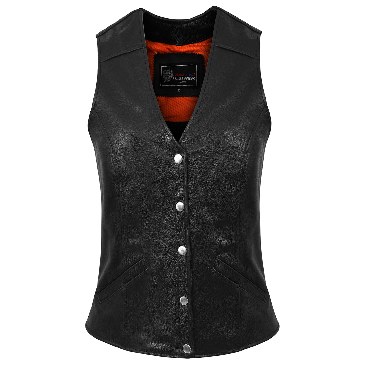 Womens-Five-Snap-Leather-Vest-Conceal-Carry-Pocket-Front-View