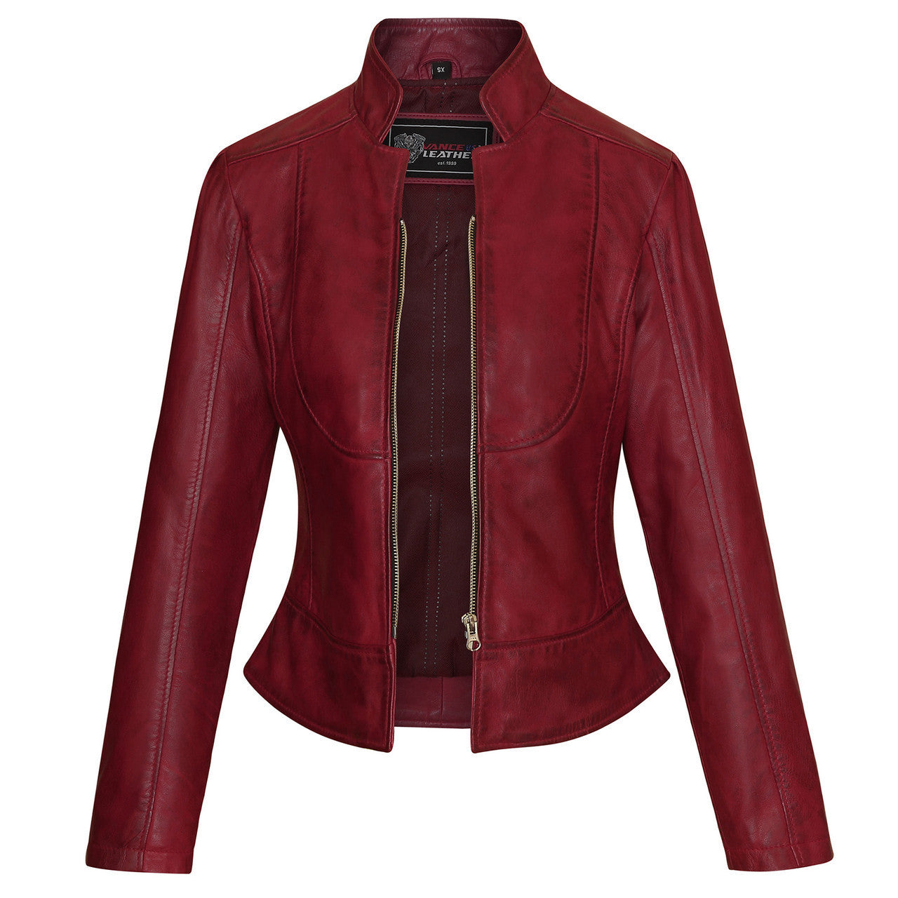 Vance-Leathers-VL650BU-Ladies-Premium-Soft-Lightweight-Burgundy-Fitted-Motorcycle-Leather-Jacket-Front-Open-Zip-View