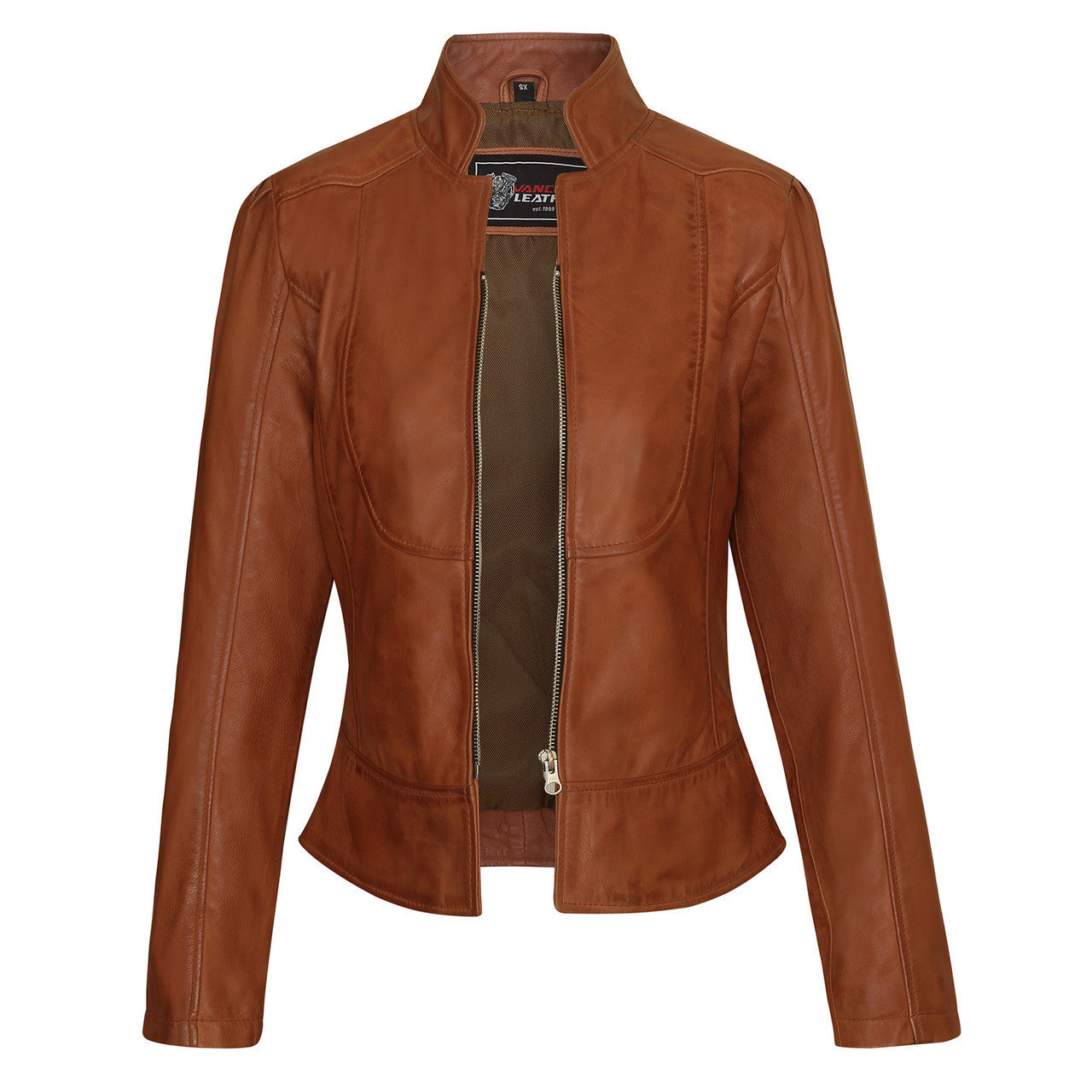 Vance-Leathers-VL650Br-Ladies-Premium-Soft-Lightweight-Brown-Fitted-Motorcycle-Leather-Jacket-Front-Open-Zip-View