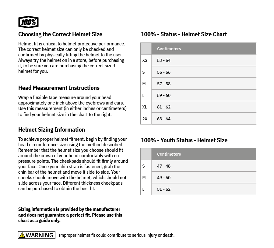 100%-STATUS-Caltec/Gray-Motorcycle-Helmet-Size-Chart