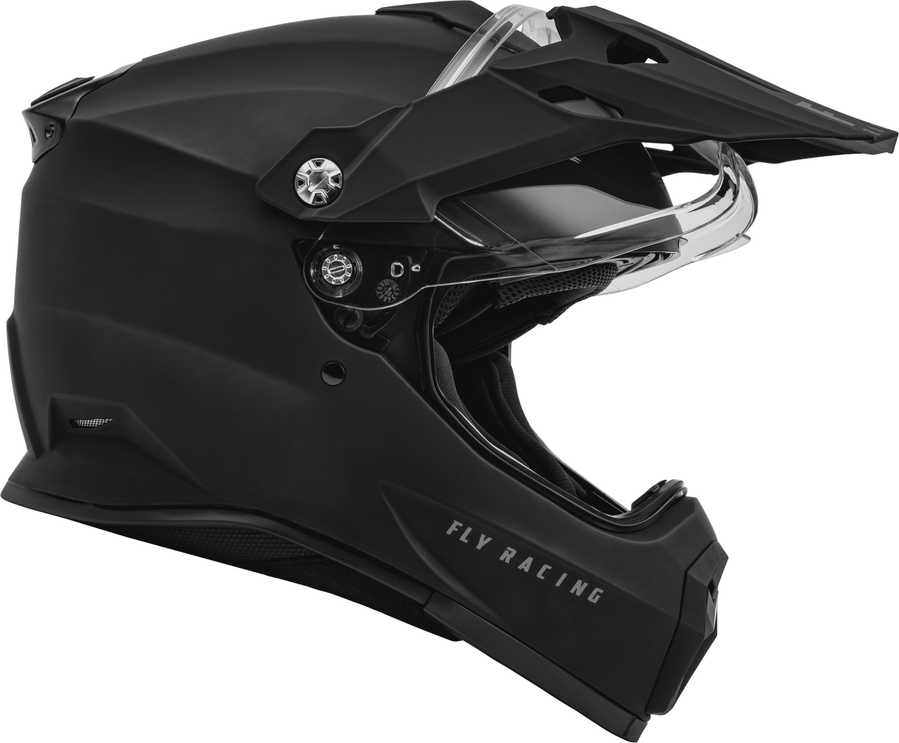 Fly-Racing-Trekker-Solid-Motorcycle-Helmet-Matte-Black-open-visor-view