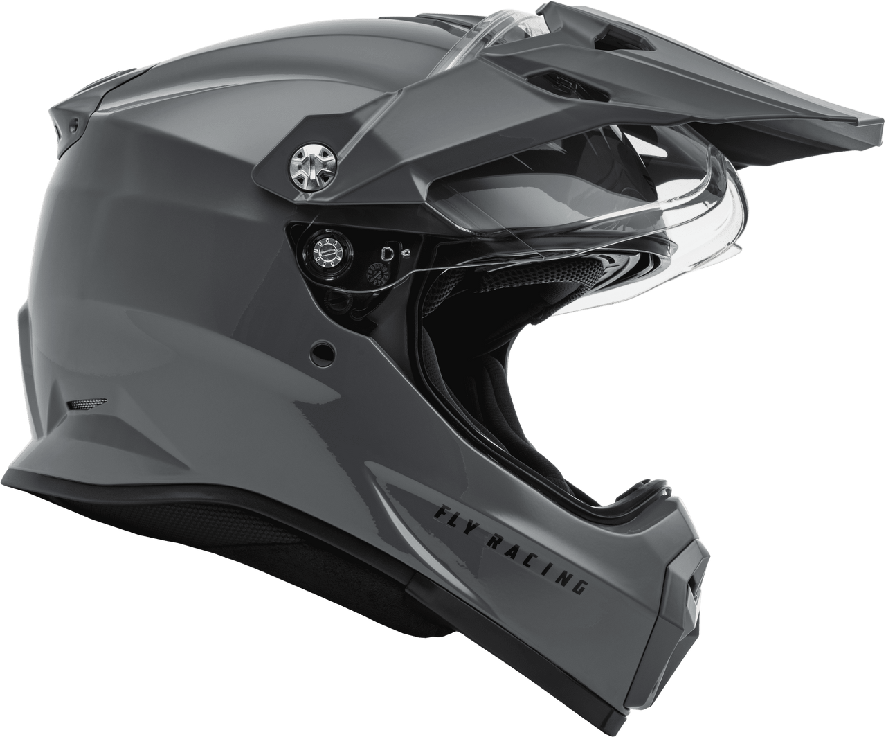 Fly-Racing-Trekker-Solid-Motorcycle-Helmet-Grey-open-visor-view