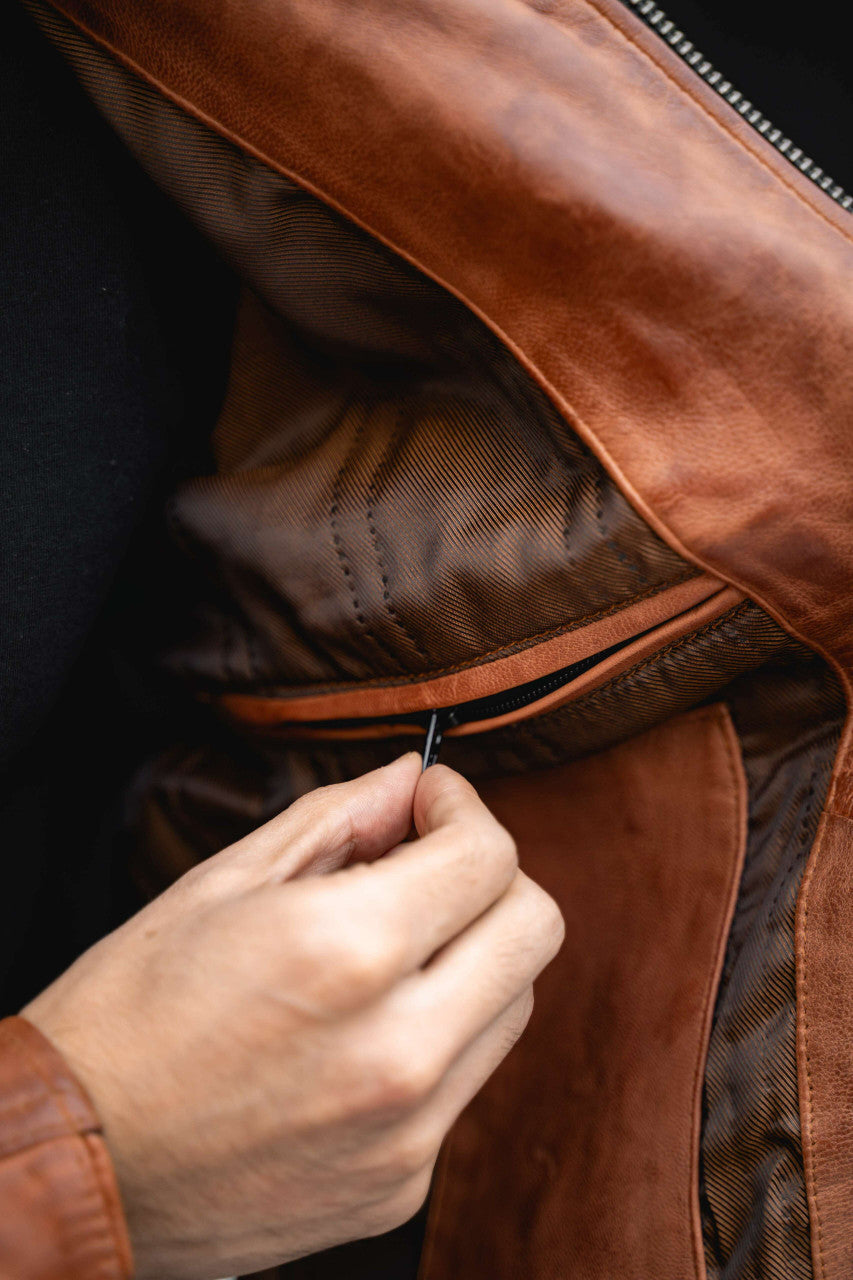 Vance Leather Men's Cafe Racer Waxed Lambskin Austin Brown Motorcycle Leather Jacket- Detail