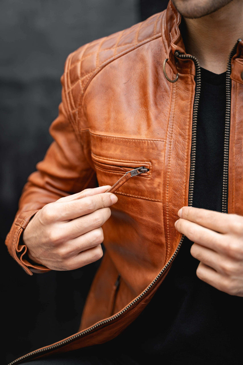 Vance Leather Men's Cafe Racer Waxed Lambskin Austin Brown Motorcycle Leather Jacket- Detail