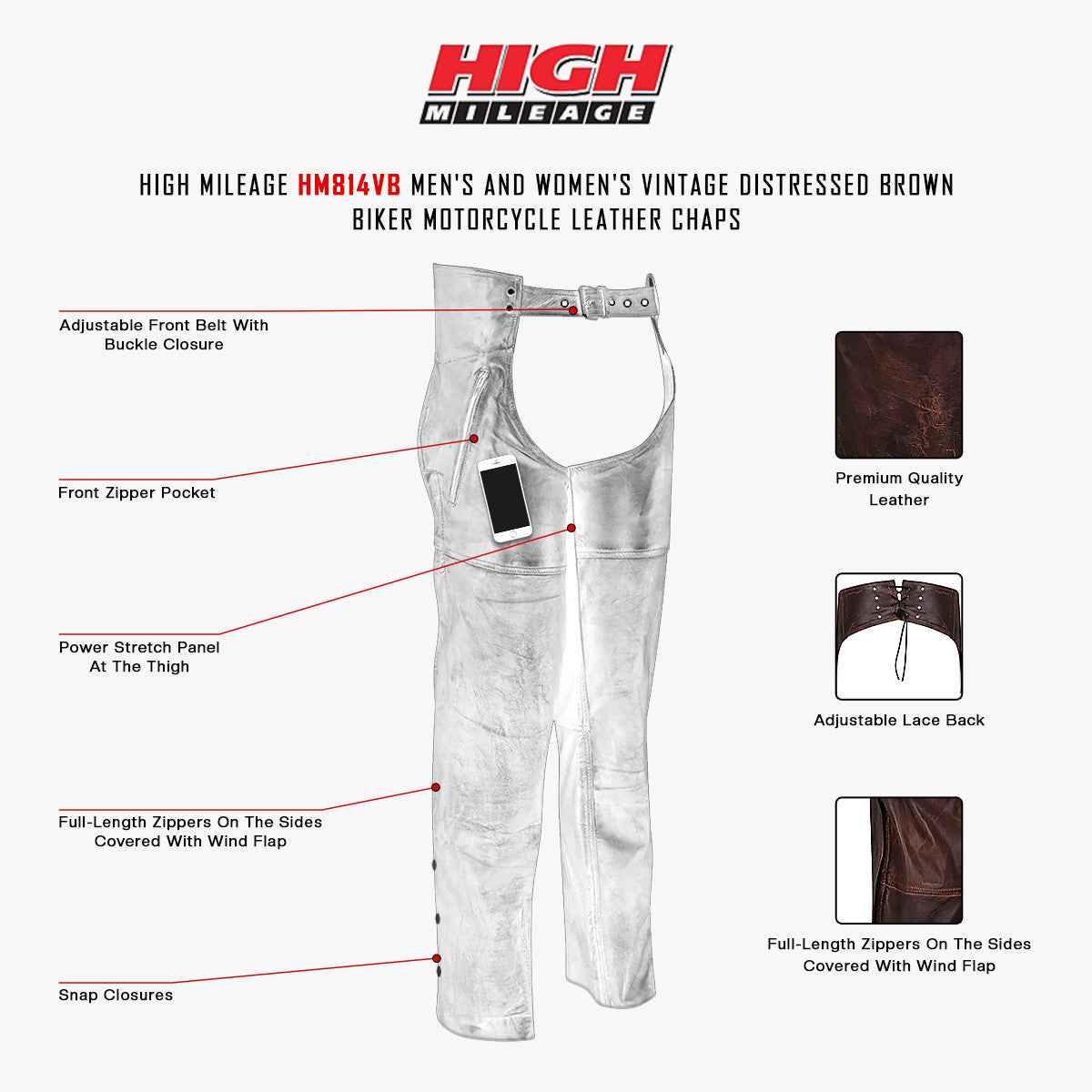 High Mileage HM814VB Men's and Women's Vintage Distressed Brown Biker Motorcycle Leather Chaps - Infographics