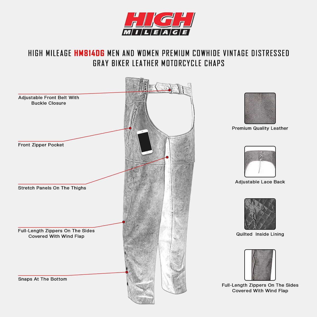 High Mileage HM814DG Men and Women Premium Cowhide Vintage Distressed Gray Biker Leather Motorcycle Chaps - Info