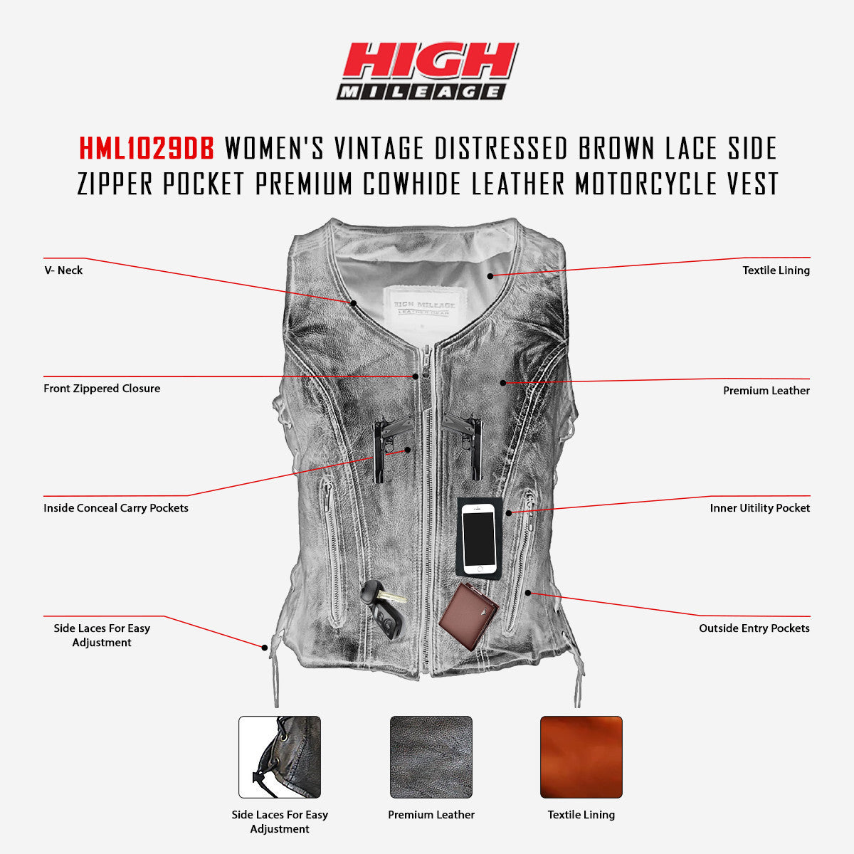 High Mileage HML1029DB Women's Vintage Distressed Brown Lace Side Zipper Pocket Premium Cowhide Leather Motorcycle Vest - Infographics