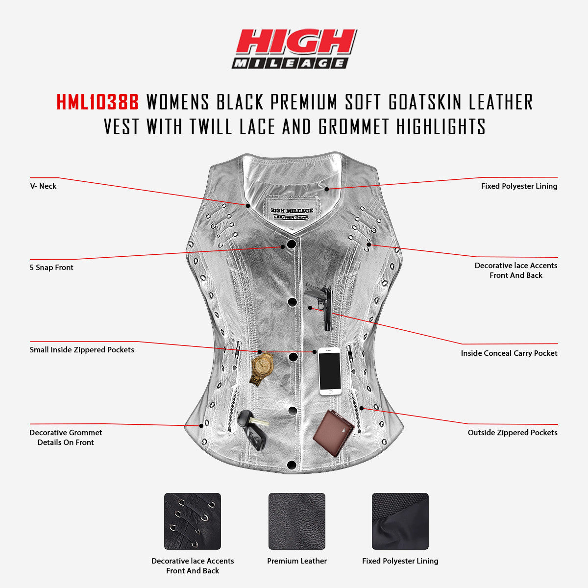 High Mileage HML1038B Womens Black Premium Soft Goatskin Leather Vest With Twill Lace and Grommet Highlights - Infographics