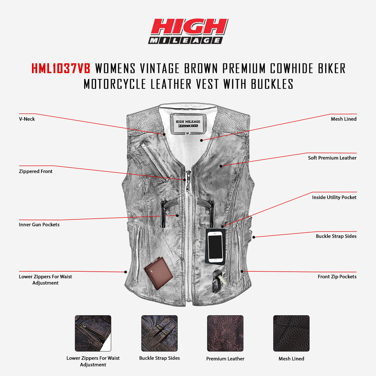 High Mileage HML1037VB Womens Vintage Brown Premium Cowhide Biker Motorcycle Leather Vest With Buckles - Infographics