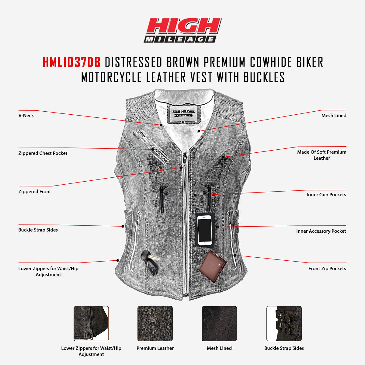 High Mileage HML1037DB Womens Distressed Brown Premium Cowhide Biker Motorcycle Leather Vest With Buckles - Infographics