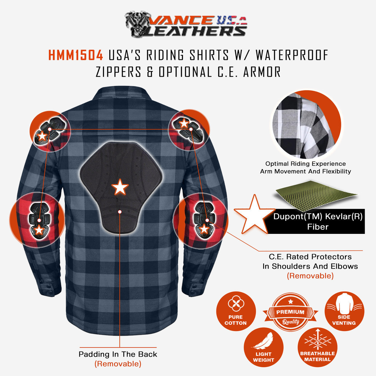 Vance Leathers USA's Riding Shirts W/Waterproof Zippers & C.E. Armor -  back info