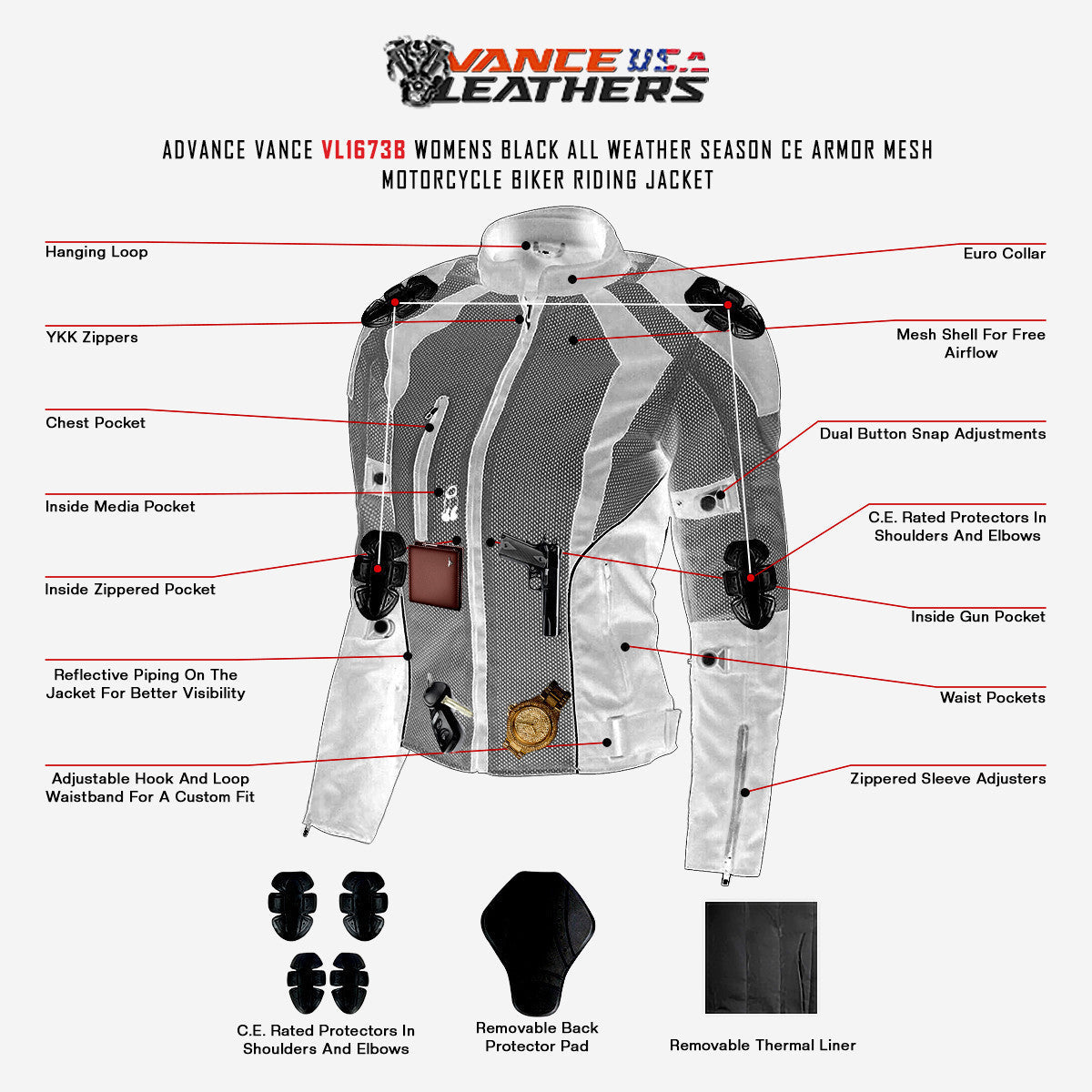 Advance Vance VL1673B Womens Black All Weather Season CE Armor Mesh Motorcycle Biker Riding Jacket - Infographics