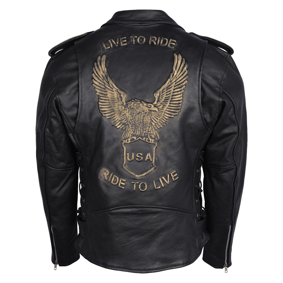 High Mileage Men's Eagle Embossed Live To Ride - Ride To Live Classic Black Leather Motorcycle Biker Jacket - Brown