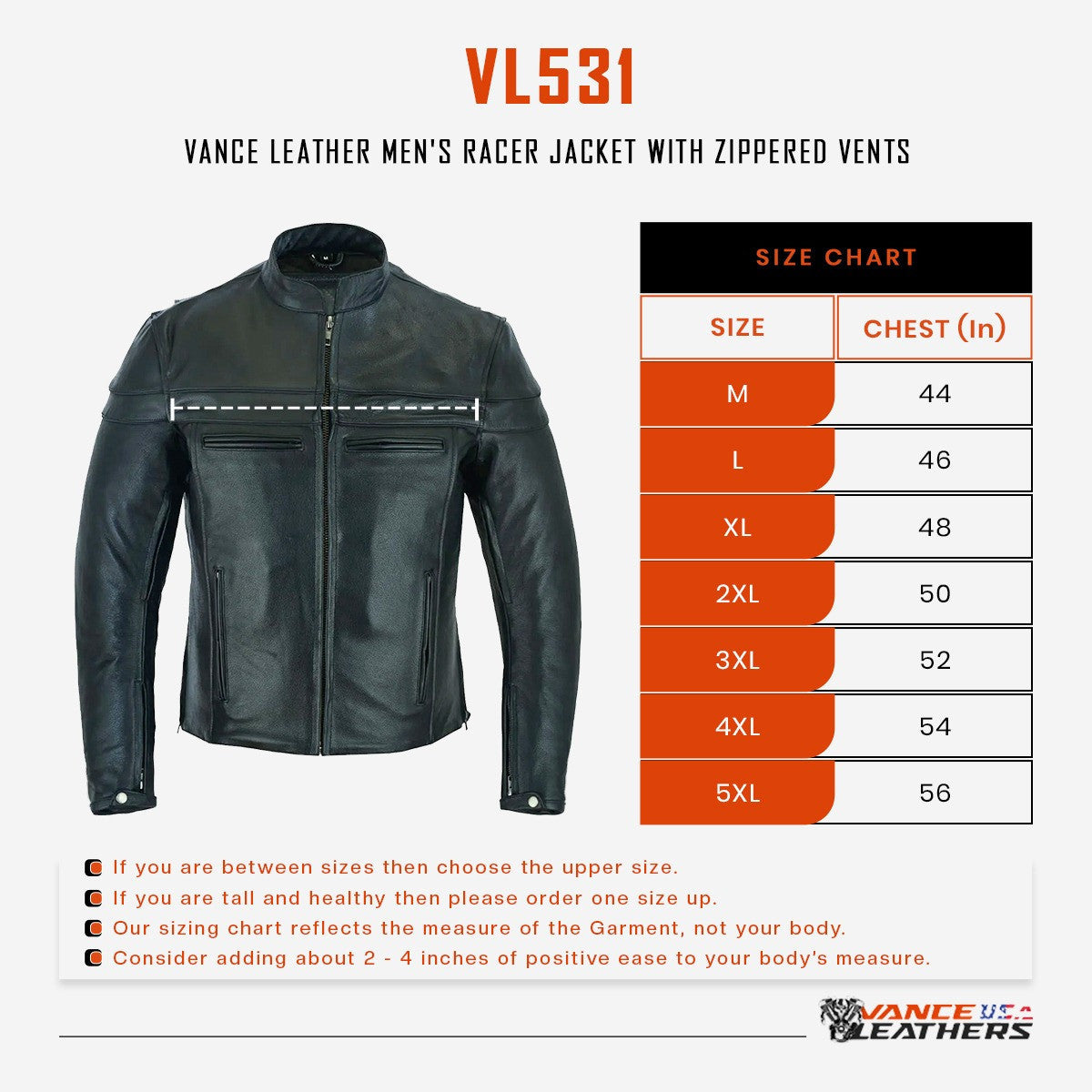 Mens VL531 Premium Racer Leather Commuter Motorcycle Jacket - Size Chart