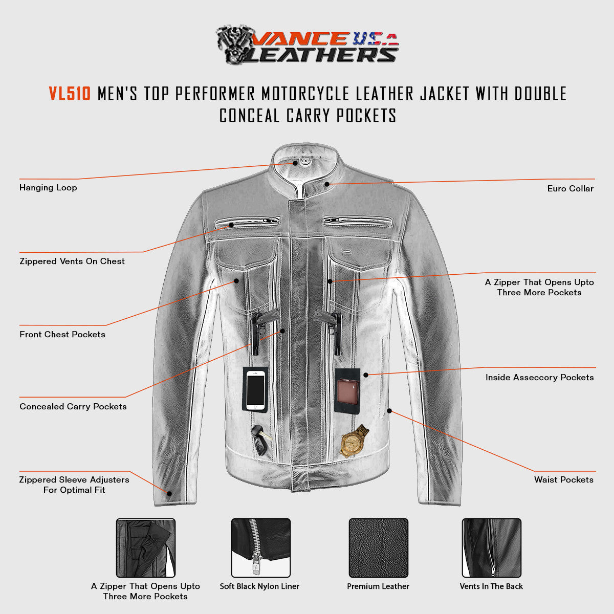 VL510-Vance-Leathers-Mens-Top-Performer Motorcycle-Leather-Jacket-Double-Conceal-Carry-Pockets-Vance-Leather-Infographics