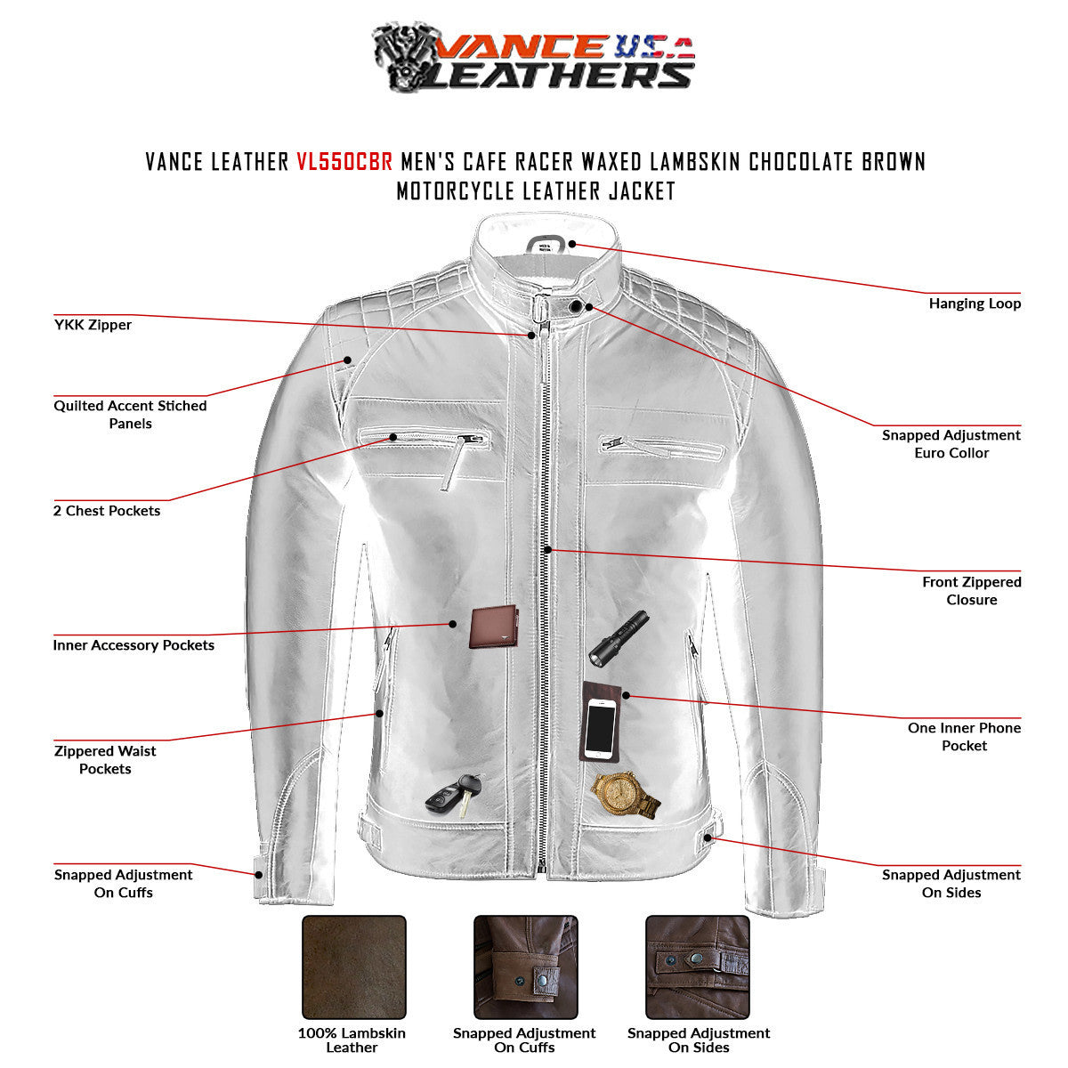 Vance Leather VL550CBr Men's Cafe Racer Waxed Lambskin Chocolate Brown Motorcycle Leather Jacket - Infographics