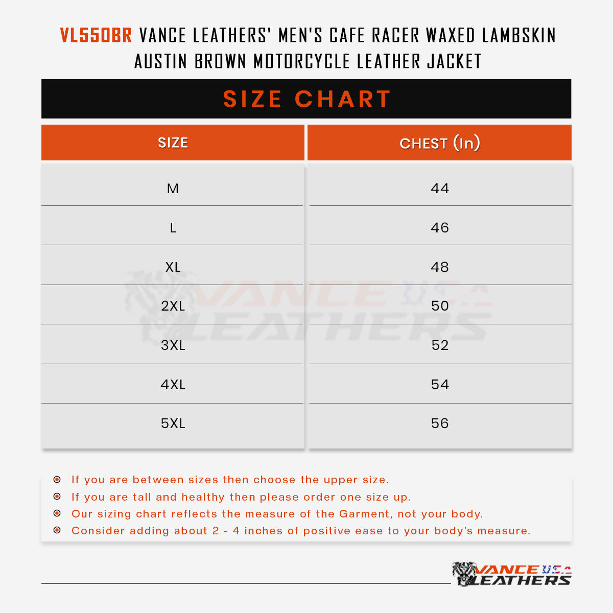 VL550Br Vance Leather Men's Cafe Racer Waxed Lambskin Austin Brown Motorcycle Leather Jacket- Size chart