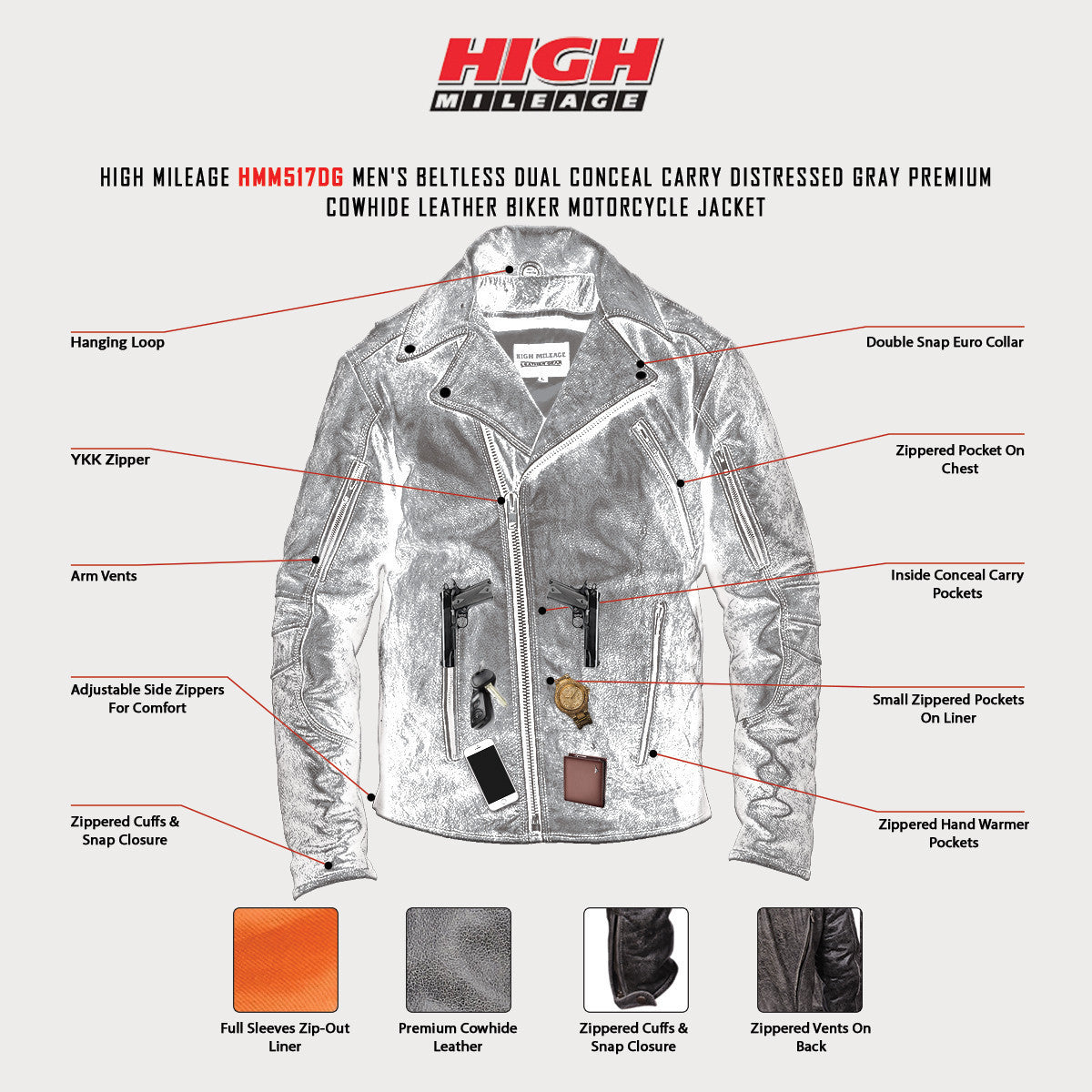 High Mileage HMM517DG Men's Beltless Dual Conceal Carry Distressed Gray Premium Cowhide Leather Biker Motorcycle Jacket - Infographics