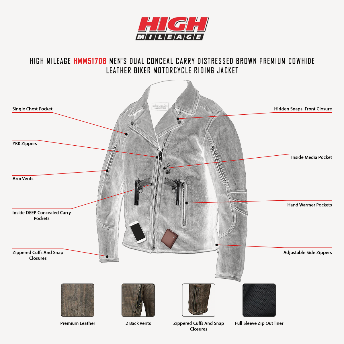 High Mileage HMM517DB Men's Dual Conceal Carry Distressed Brown Premium Cowhide Leather Biker Motorcycle Riding Jacket - Infographics