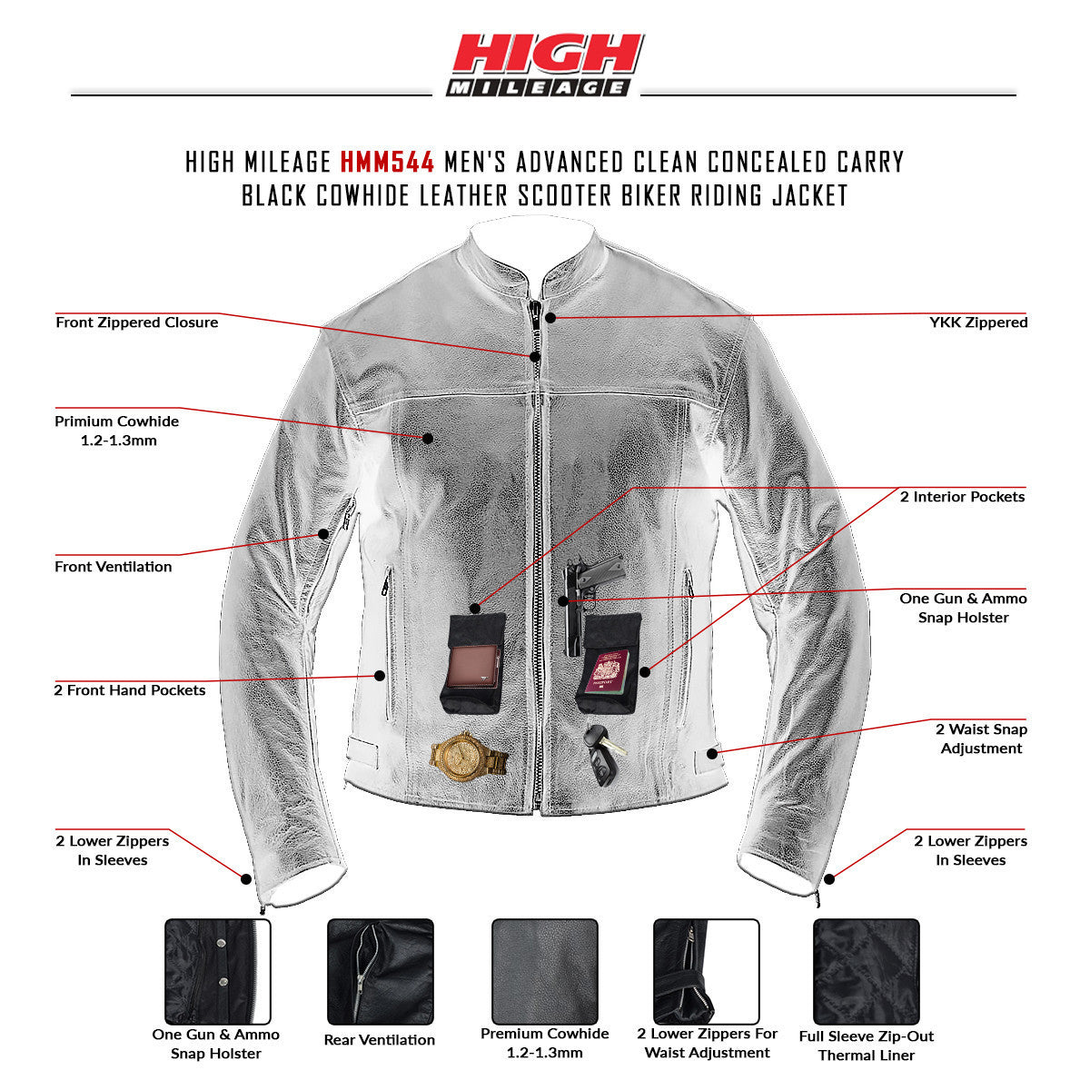 High Mileage HMM544 Men's Advanced Clean Cut Concealed Carry Black Cowhide Leather Scooter Biker Riding Jacket - infographics