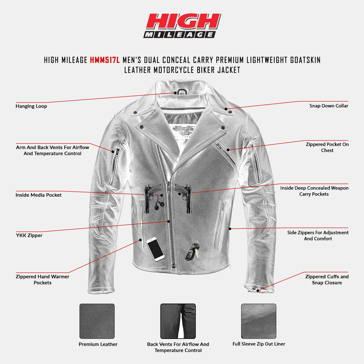 High Mileage HMM517L Men's Dual Conceal Carry Premium Lightweight Goatskin Leather Motorcycle Biker Jacket - Infographics