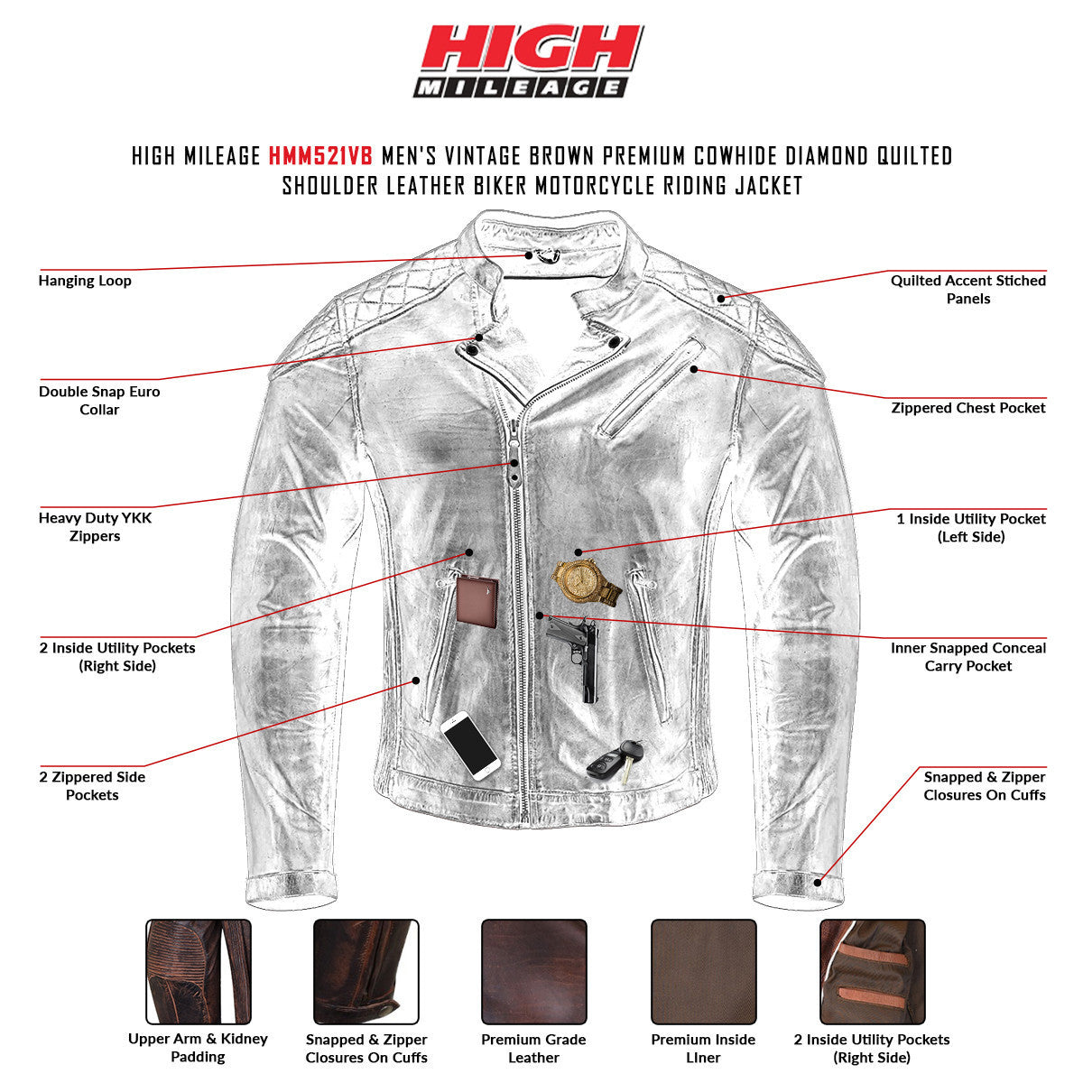 High Mileage HMM521VB Men's Vintage Brown Premium Cowhide Diamond Quilted Shoulder Leather Biker Motorcycle Riding Jacket - Infographics