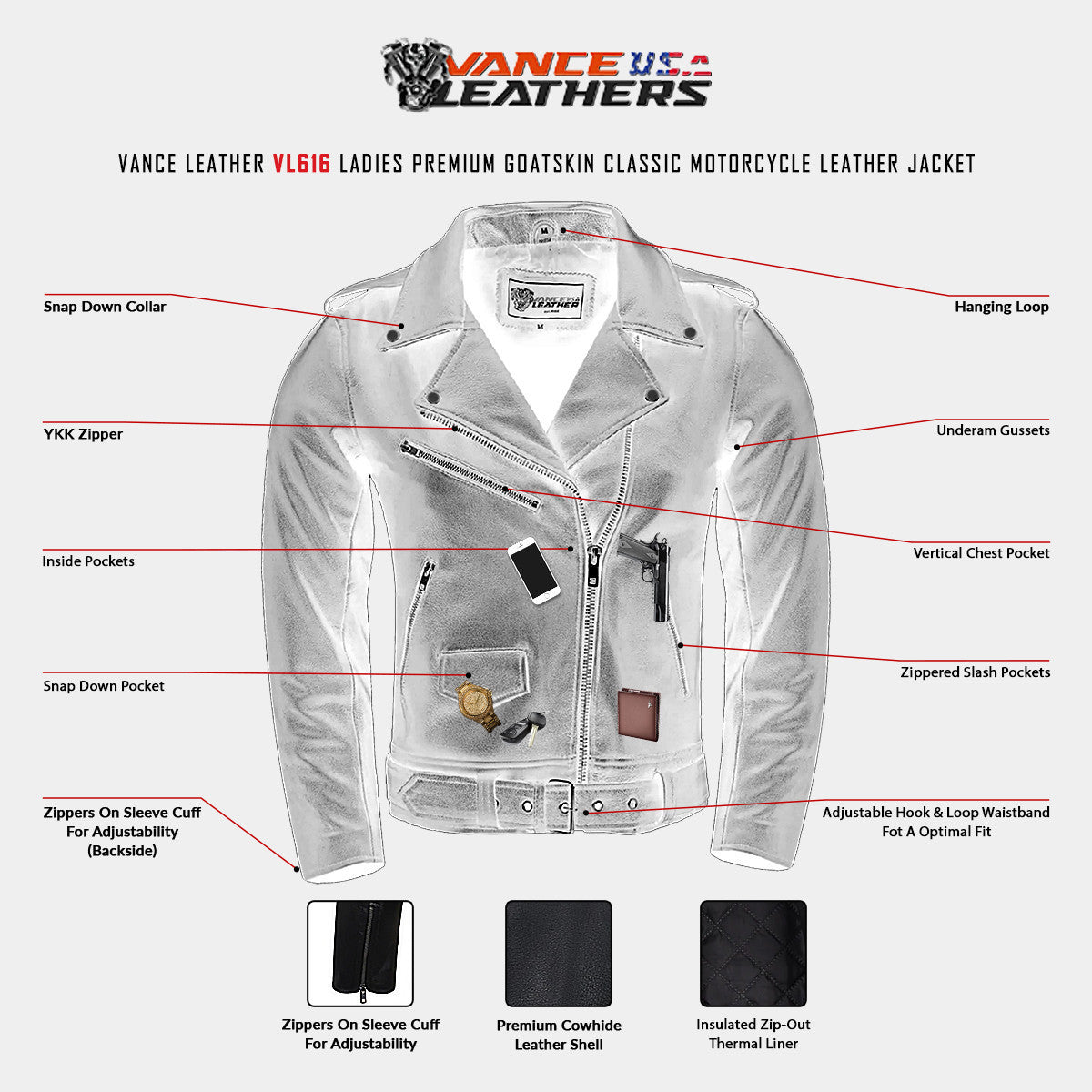 Vance Leather VL616 Ladies Premium Goatskin Classic Motorcycle Leather Jacket - Infographics